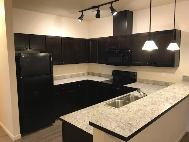 Modern kitchen with dark cabinets, marble countertops, an island with a sink, and black appliances under pendant lighting.