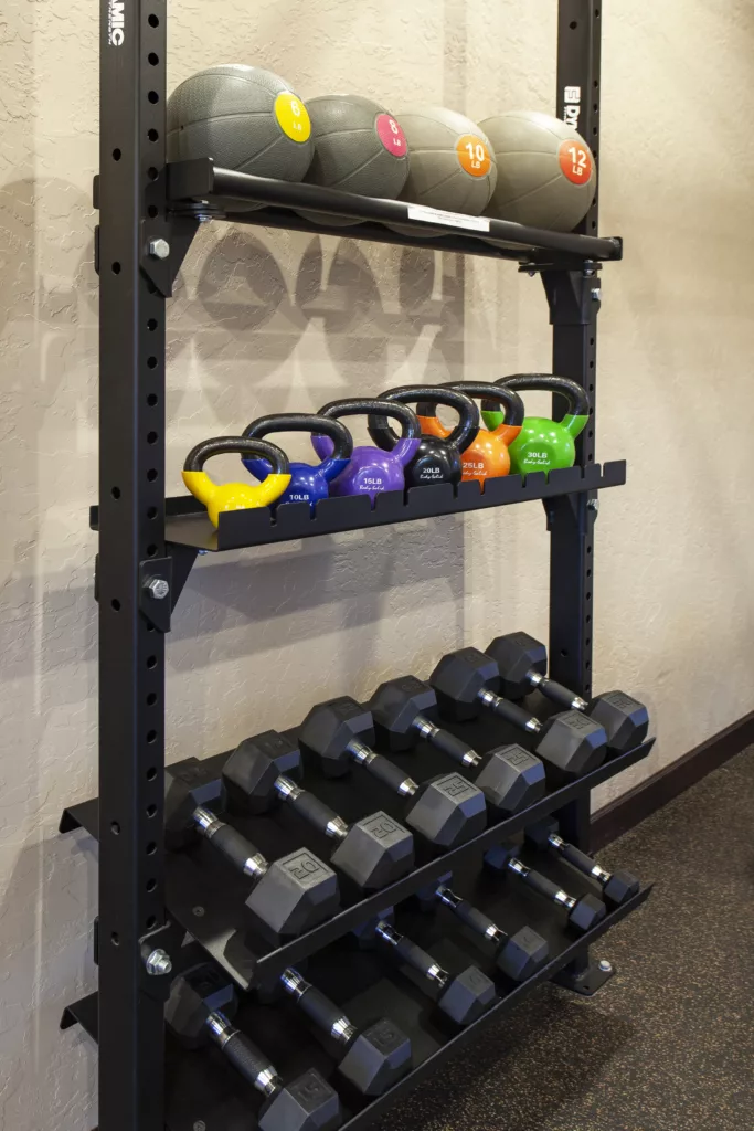 Gym equipment on a rack includes medicine balls, kettlebells, and dumbbells neatly organized.