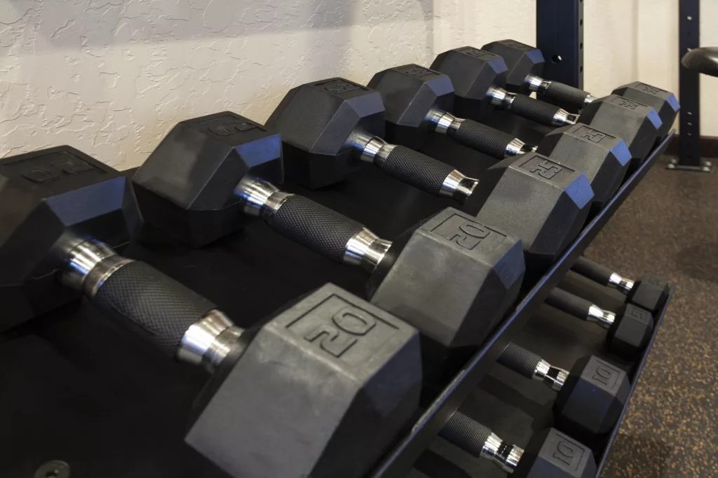 Rows of black hexagonal dumbbells on a rack in a gym setting.