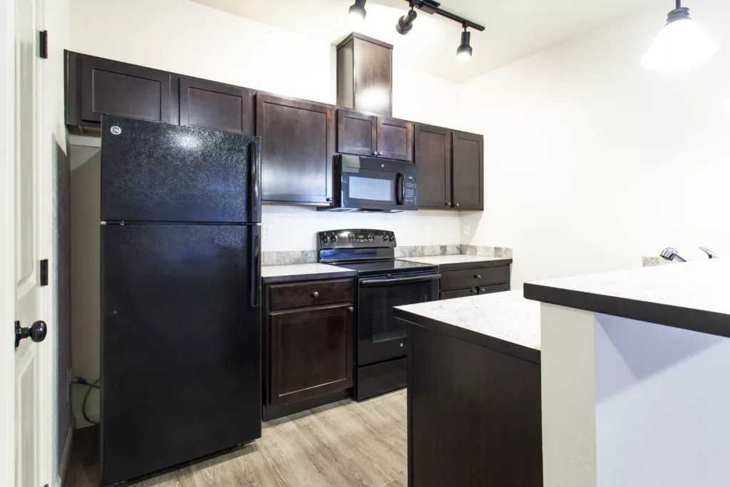 A modern kitchen with dark wooden cabinets, a black refrigerator, black stove, and microwave, featuring light wood floors.