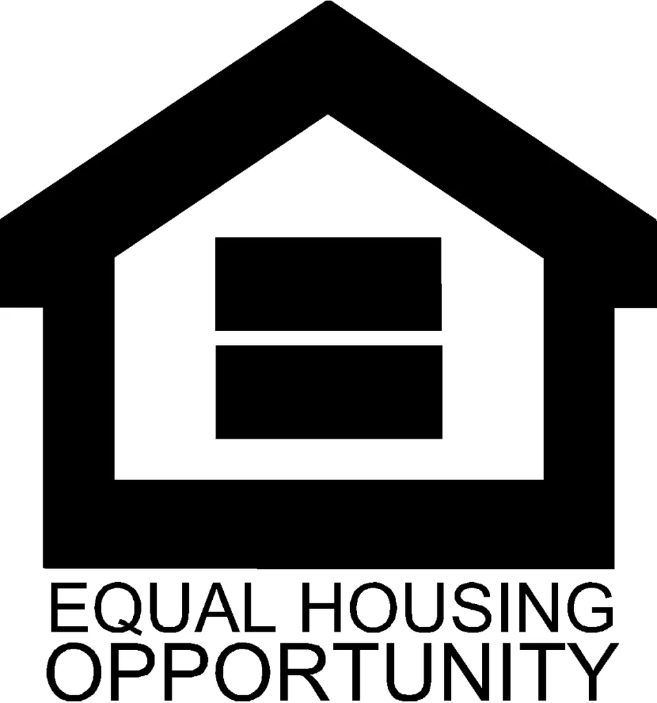 A black and white Equal Housing Opportunity logo featuring a house icon with an equals sign inside.
